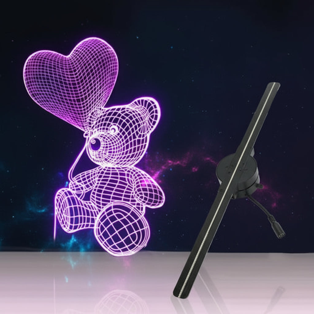 3D hologram fan with a wireframe teddy bear and heart-shaped balloon on a black background.